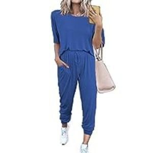 RENIKO Women's Two Piece Sweatsuit Short Sleeve Pullover Long Pants Tracksuit